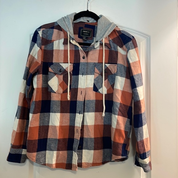 Forever 21 medium button up hooded flannel shirt - Picture 1 of 3